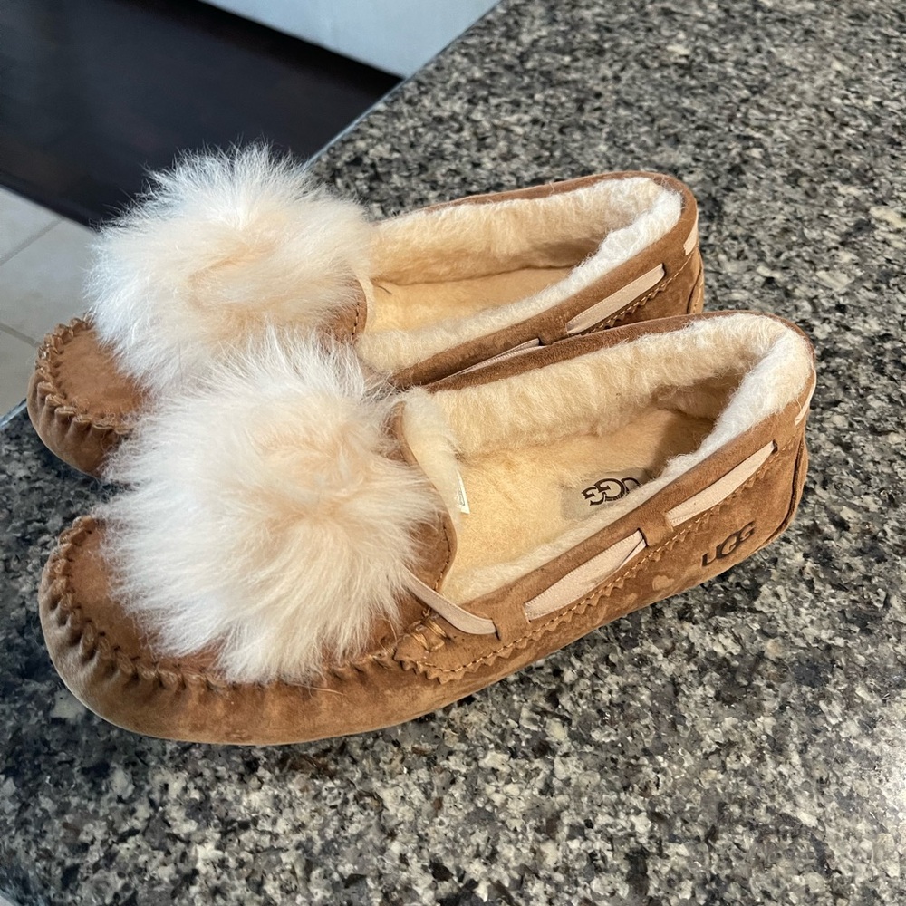 UGG Brown Slippers with Cream Fur Pom size 7